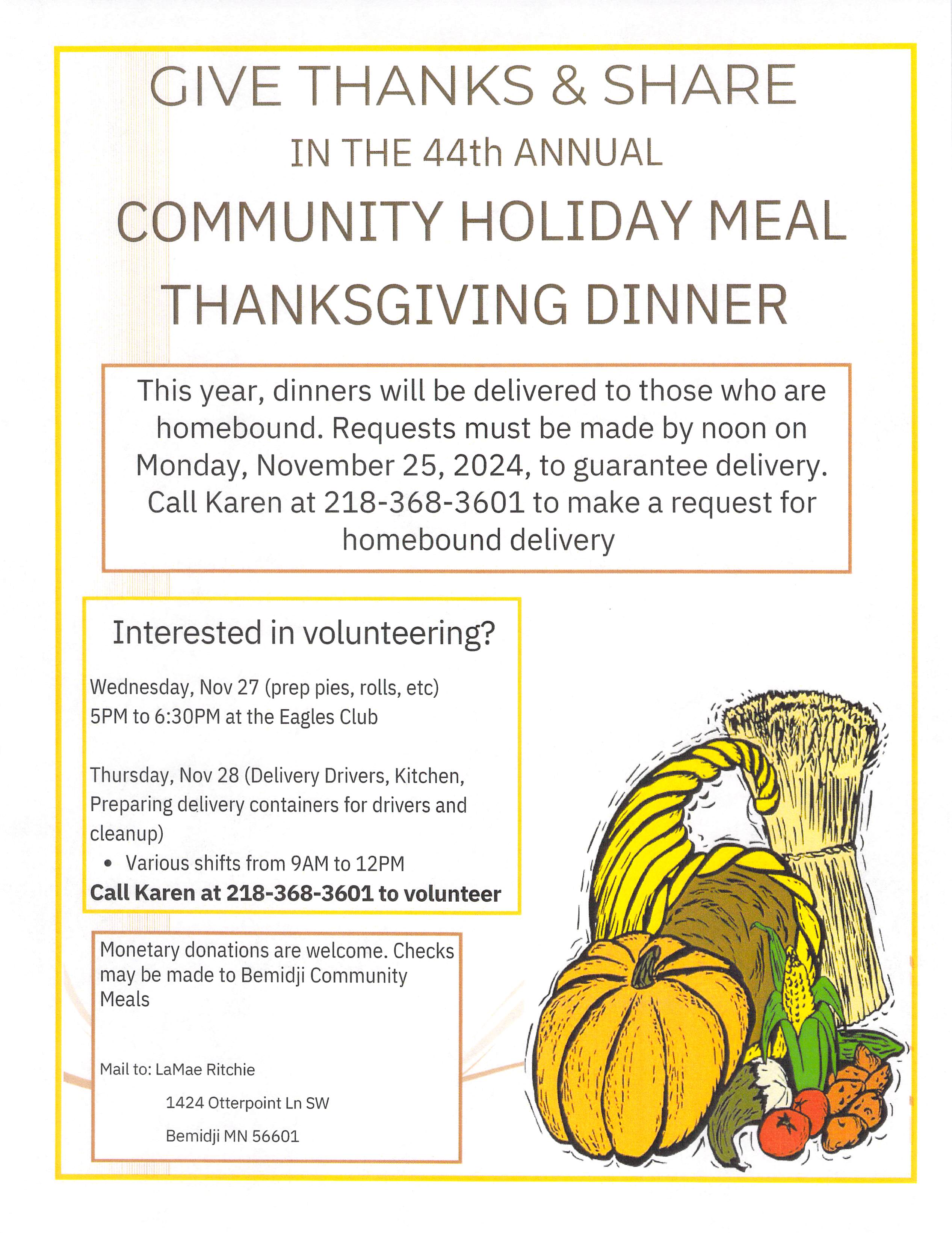 Holiday Meal Delivery - Thanksgiving Dinner @ The Eagles Club